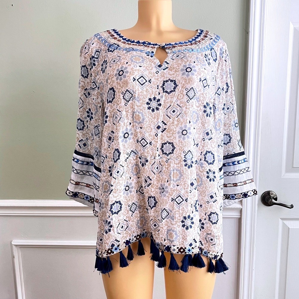 J. Jill Tunic Blouse Top Women Large Petite Embroidered Tassel Blue Boho Coastal